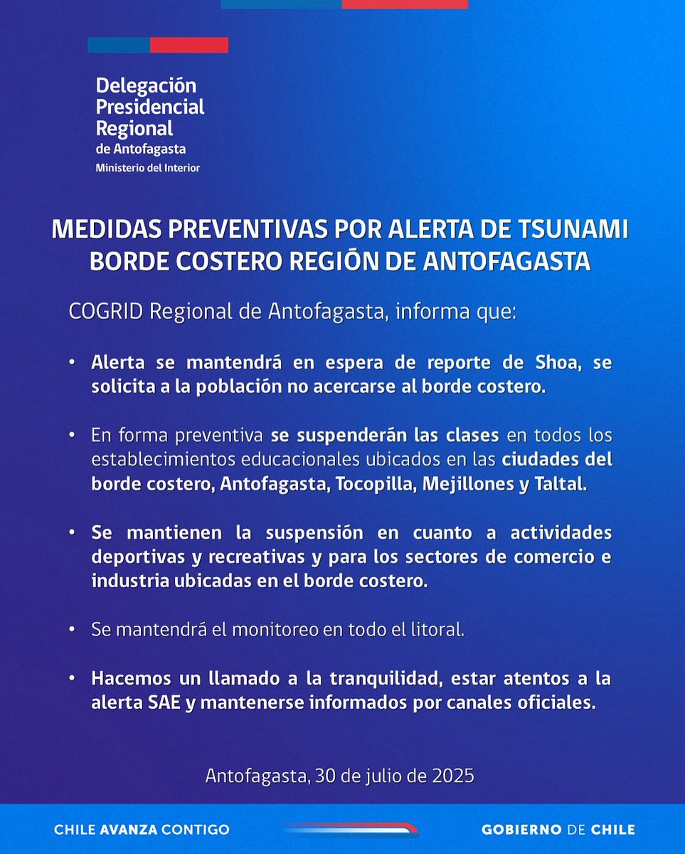 #Ahora 
Se mantiene Alerta para región de Antofagasta y se suspenden las clases este jueves en todos los establecimientos de las comunas del borde costero.