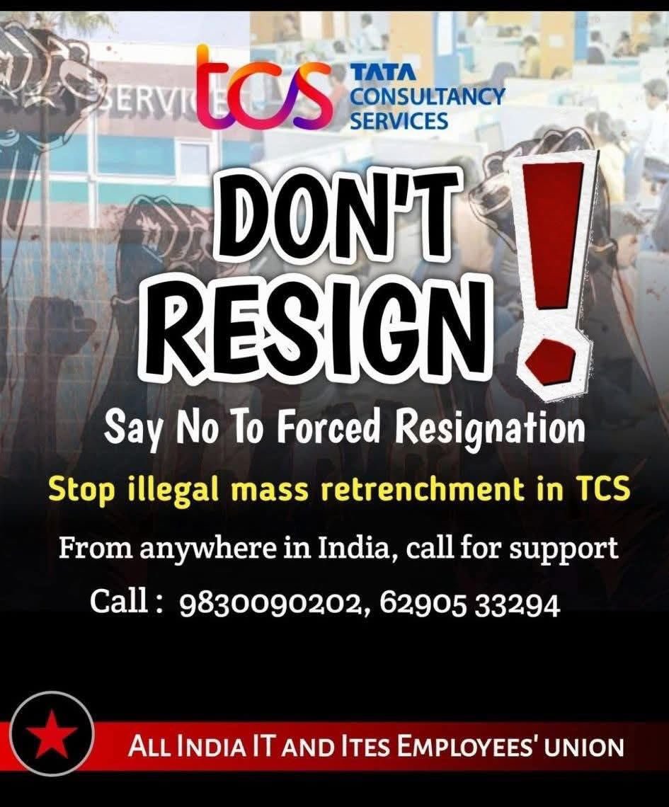Kaustav Chatterjee (@kaustav7947) on Twitter photo TCS has decided to downsize 2% of its global workforce. This will mean a lot of forced resignation and illegal termination. IT union,AIITEU, has opened up a helpline sort of to help those who are getting affected.
Those affected can get in touch with the number below. TCS has decided to downsize 2% of its global workforce. This will mean a lot of forced resignation and illegal termination. IT union,AIITEU, has opened up a helpline sort of to help those who are getting affected.
Those affected can get in touch with the number below.