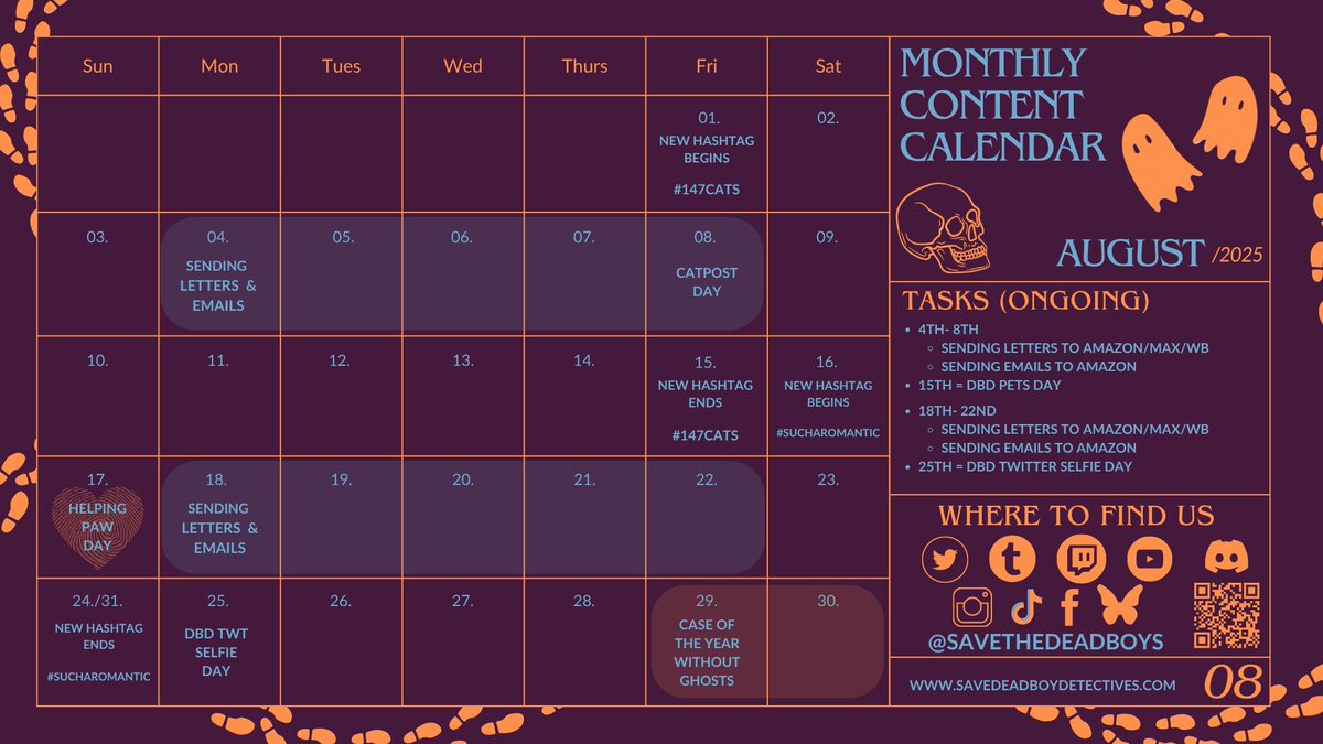 Happy August, everyone! ☀️

Join us for two cat-themed events for the two cat holidays this month, and get ready to make some noise for the anniversary of the cancellation! 🐈

#SaveDeadBoyDetectives #147Cats