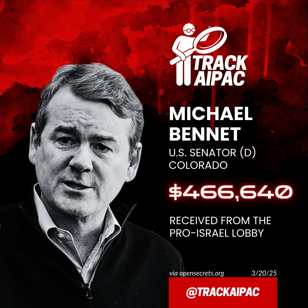 AIPAC Tracker (@trackaipac) on Twitter photo Senator <a href="/MichaelBennet/">Michael Bennet</a> just voted to continue arming Israel.
Michael Bennet is pro-genocide. Senator <a href="/MichaelBennet/">Michael Bennet</a> just voted to continue arming Israel.
Michael Bennet is pro-genocide.