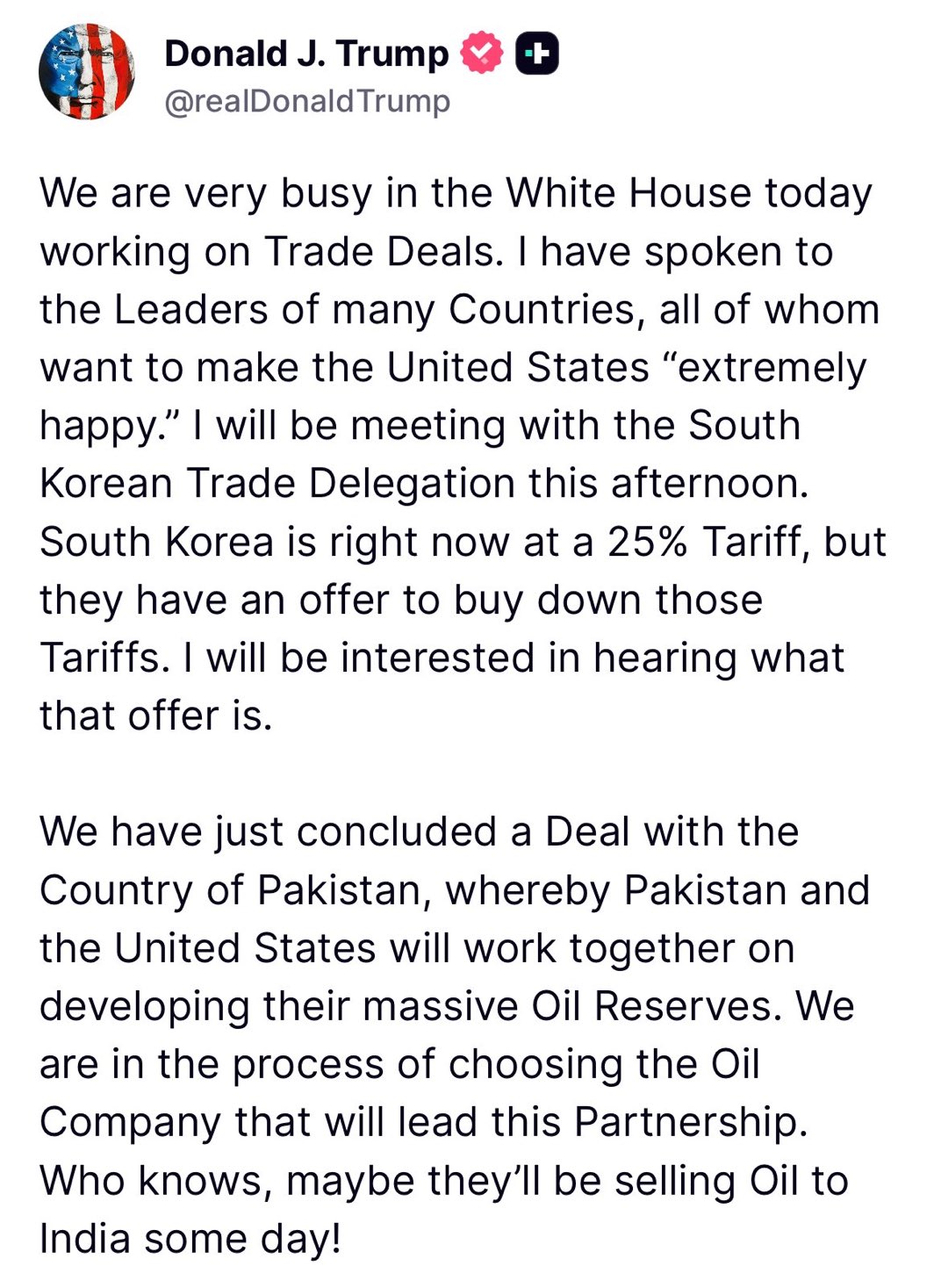 Asma Shirazi on X: "Good news :Trump concludes the deal with Pakistan 🇵🇰  US will work with Pakistan on massive oil reserves “may be they'll be selling  oil to india some day”
