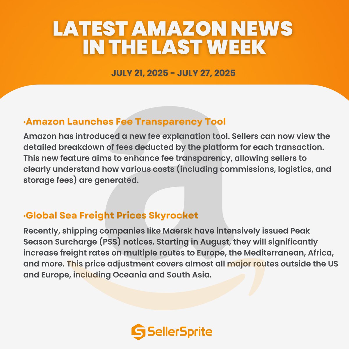 SellerSprite_EN's tweet image. 📢Important Amazon Seller Updates - 21-27 July 2025 Stay ahead💪
#AmazonSeller #FBA #AmazonUpdate #EcommerceNews #PrimeDay2025 #SellerTips #SupplyChain #ProductHazards #AmazonPolicy #Ecom #SellerSprite