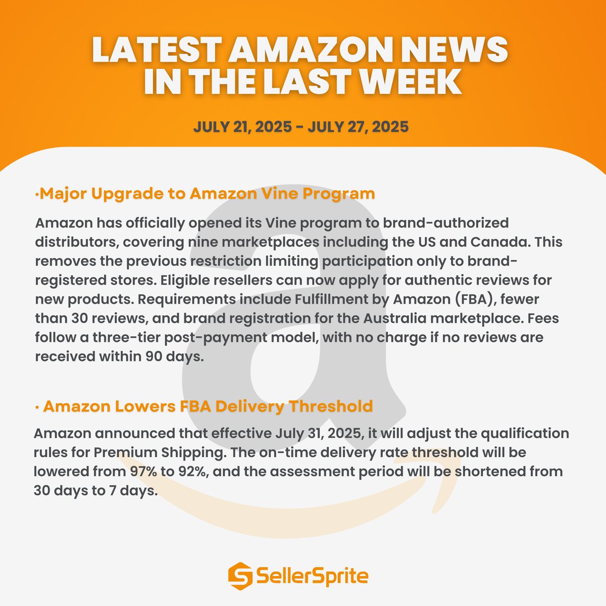 SellerSprite_EN's tweet image. 📢Important Amazon Seller Updates - 21-27 July 2025 Stay ahead💪
#AmazonSeller #FBA #AmazonUpdate #EcommerceNews #PrimeDay2025 #SellerTips #SupplyChain #ProductHazards #AmazonPolicy #Ecom #SellerSprite