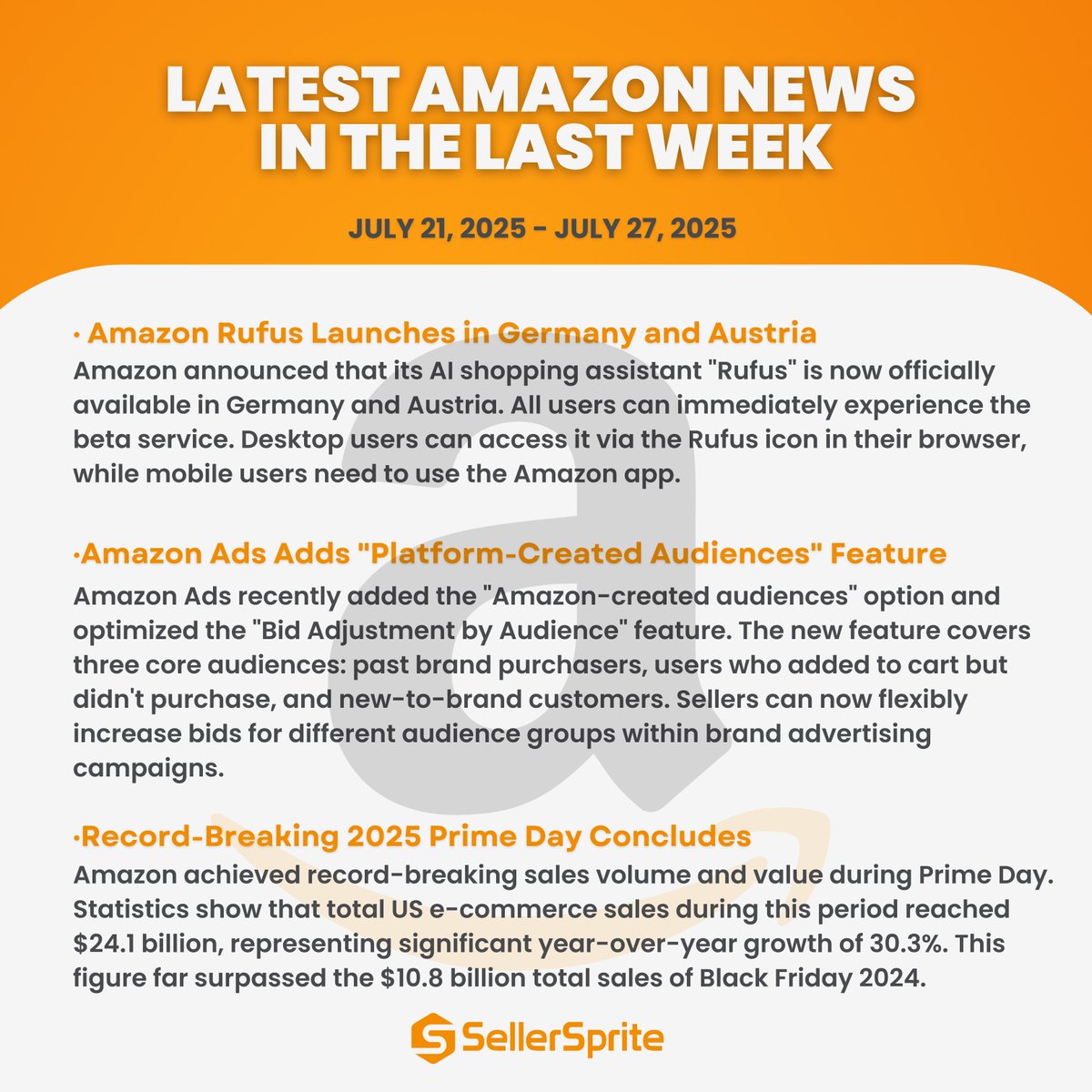 SellerSprite_EN's tweet image. 📢Important Amazon Seller Updates - 21-27 July 2025 Stay ahead💪
#AmazonSeller #FBA #AmazonUpdate #EcommerceNews #PrimeDay2025 #SellerTips #SupplyChain #ProductHazards #AmazonPolicy #Ecom #SellerSprite