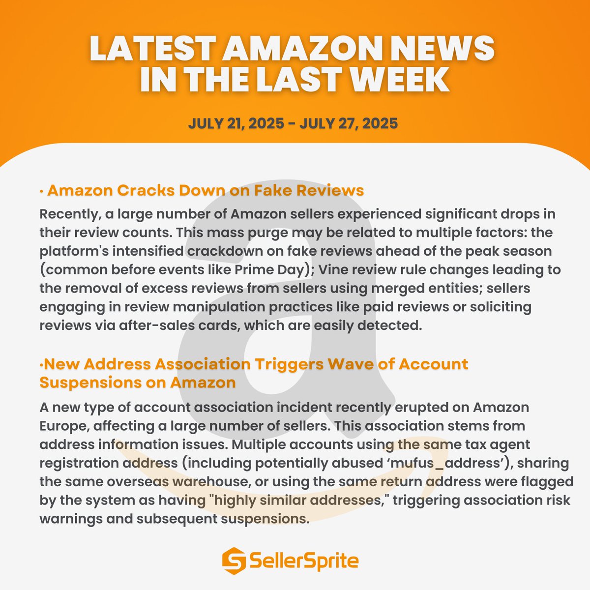 SellerSprite_EN's tweet image. 📢Important Amazon Seller Updates - 21-27 July 2025 Stay ahead💪
#AmazonSeller #FBA #AmazonUpdate #EcommerceNews #PrimeDay2025 #SellerTips #SupplyChain #ProductHazards #AmazonPolicy #Ecom #SellerSprite