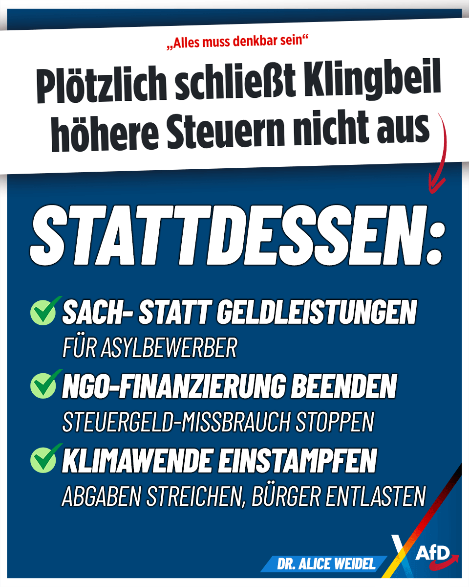 Vor der Wahl: Merz will Steuern senken. Nach der Wahl: Das 171 Mrd.-Loch im Haushalt soll mit Steuererhöhungen gestopft werden. Stattdessen: Klimawende stoppen, Sach- statt Geldleistungen für Asylbewerber,  NGO-Finanzierung einstampfen. So spart man wirklich! #DeshalbAfD
