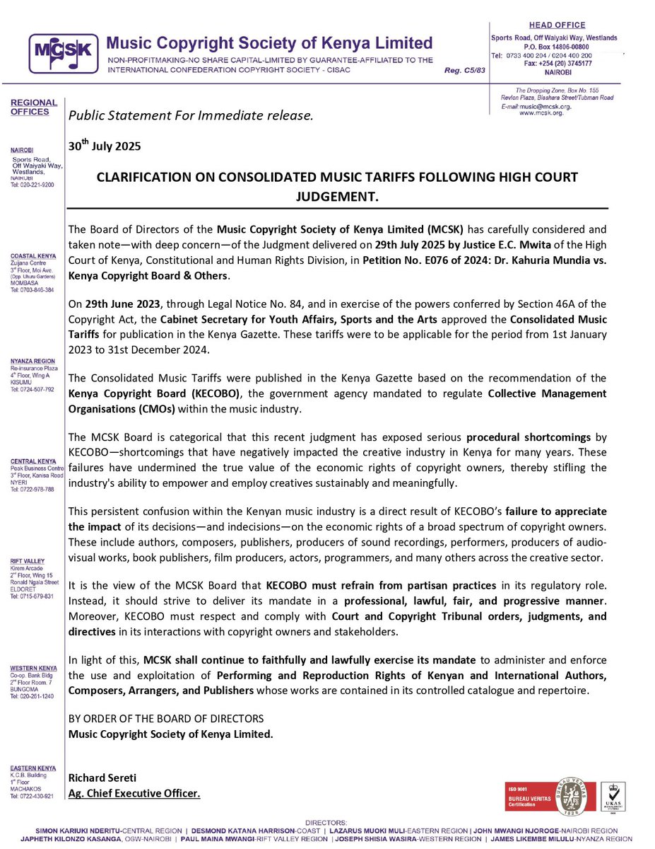 OFFICIAL STATEMENT: Consolidated Music Tariffs &amp; Court Judgment

MCSK wishes to address the recent High Court judgment delivered on 29th July 2025 regarding the approval process of the Consolidated Music Tariffs. The ruling highlights serious procedural issues by KECOBO that