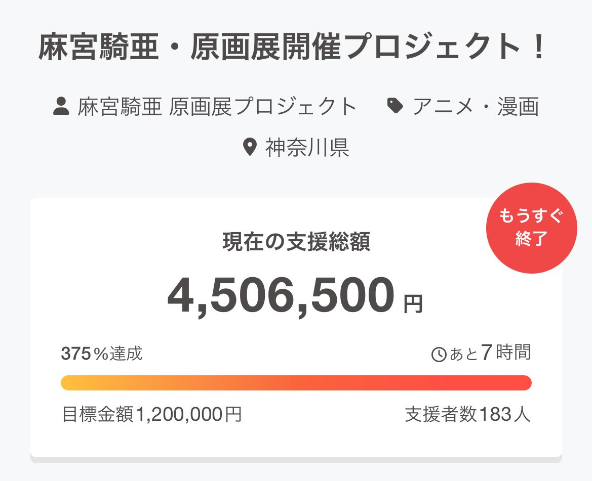 あと7時間！目標まで493500円！
ついに！ついに目標が目の前まできております！！！

camp-fire.jp/projects/85240… 麻宮騎亜・原画展開催プロジェクト！ - CAMPFIRE (キャンプファイヤー)

#HONYCOMB原画展 
#拡散希望RTお願いします