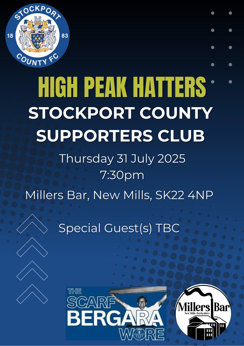 The High Peak Hatters Stockport County Supporters Club July meeting will be held at <a href="/BarMillers/">Millers Bar</a> this evening. All are welcome, exciting guests confirmed 🍺🍺🍺⚽️⚽️⚽️⚽️