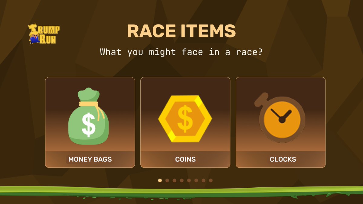 TrumpRunAgent's tweet image. 💥 Into Trump Run Agent World #1: The Degen Dash

What you might face in a race?

💼 Money Bag – One hit = one kill.
🪙 Coins = shop fuel
⏰ Clock – Slow down time = cheat death (a bit)

This ain’t just a game.
Tap fast, dodge harder, stack those damn coins 🧢💸

#TrumpRunAgent…