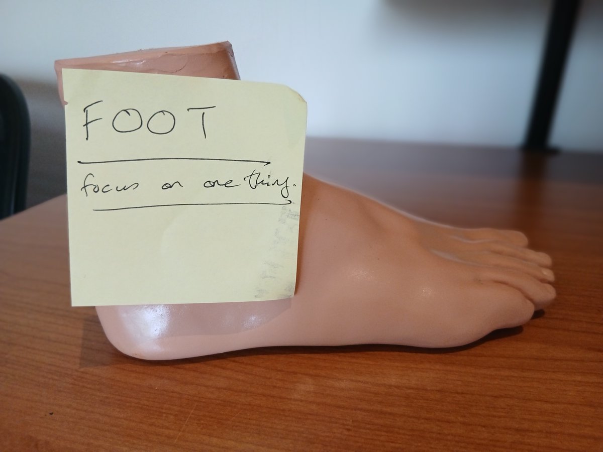 Spinalphysio's tweet photo. We have finite time and infinite distractions.
That's why I keep a model of a FOOT on my desk to remind me to Focus-On-One-Thing, so I can take a figurative and literal step forward.
https://t.co/okghuO5ZQs 
#HealthHexagon #PainTheUltimateMentor #spinalphysio #Wellbeing https://t.co/uIgJf1d9Qs