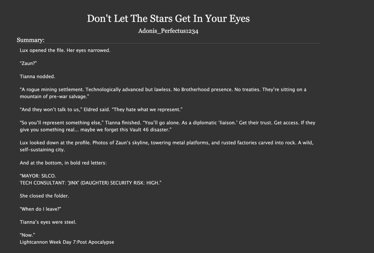 Adonis713375's tweet photo. My Day 7 fic for #lightcannonweek is now posted. I hope you guys enjoy it! #lightcannon Link:https://t.co/nDePtXD5jq https://t.co/uoui3VOGOa