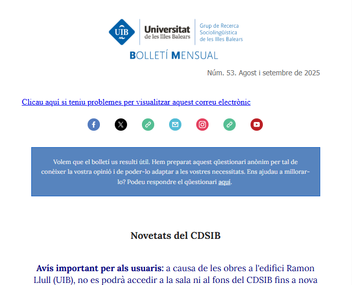 GRESIB - CDSIB (@gresib_cdsib) on Twitter photo 😄Bon dia! Ja ha sortit el nou bolletí del
<a href="/GRESIB_CDSIB/">GRESIB - CDSIB</a>
📖Consultau-hi totes les novetats sobre recerca en llengua i societat i el nou programa de seminaris virtuals del GRESIB del curs 2025-2026!
Clicau aquí: bit.ly/Bolletí-53
‼️No us el perdeu! 😄Bon dia! Ja ha sortit el nou bolletí del
<a href="/GRESIB_CDSIB/">GRESIB - CDSIB</a>
📖Consultau-hi totes les novetats sobre recerca en llengua i societat i el nou programa de seminaris virtuals del GRESIB del curs 2025-2026!
Clicau aquí: bit.ly/Bolletí-53
‼️No us el perdeu!