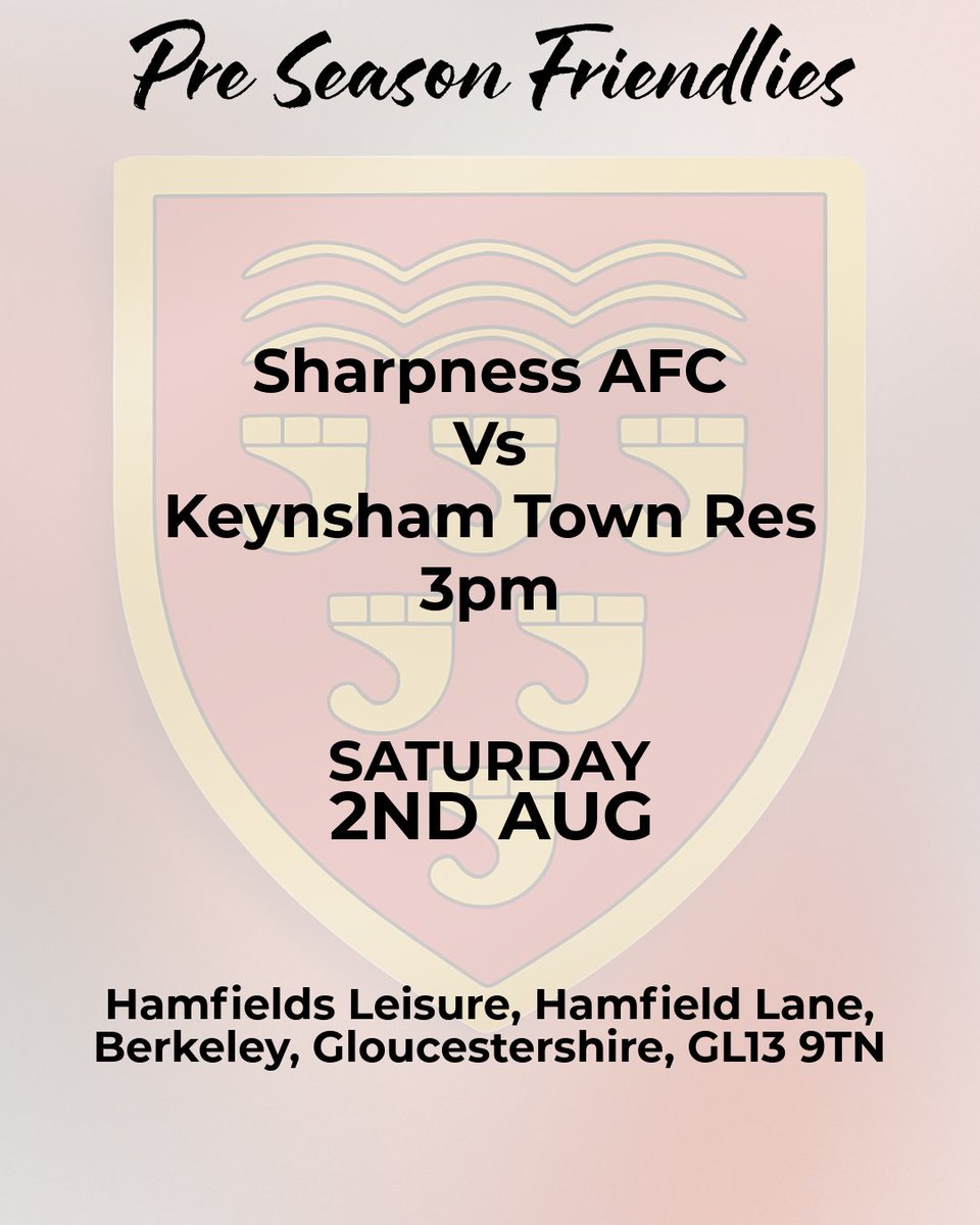 Keynsham Town FC (@keynshamtownfc) on Twitter photo The Reserve team FINAL Pre-Season friendly takes place this Saturday 2nd August AWAY 🆚<a href="/sharpnessafc/">Sharpness AFC</a>
Kick-Off is 3pm - pay on the gate.
Hamfields Leisure, Hamfield Lane, Berkeley, Gloucestershire, GL13 9TN The Reserve team FINAL Pre-Season friendly takes place this Saturday 2nd August AWAY 🆚<a href="/sharpnessafc/">Sharpness AFC</a>
Kick-Off is 3pm - pay on the gate.
Hamfields Leisure, Hamfield Lane, Berkeley, Gloucestershire, GL13 9TN