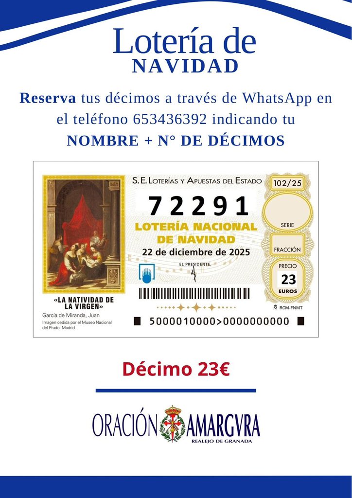#Actualidad
¡Ya está disponible la Lotería de Navidad de La Hermandad! 
Reserva tus décimos y no te quedes sin ellos en el 653436392.
No te quedes sin tu décimo, ¿ y si cae el Gordo en la calle Santiago…?

#LoteriaNavidad 
#huertoyamargura