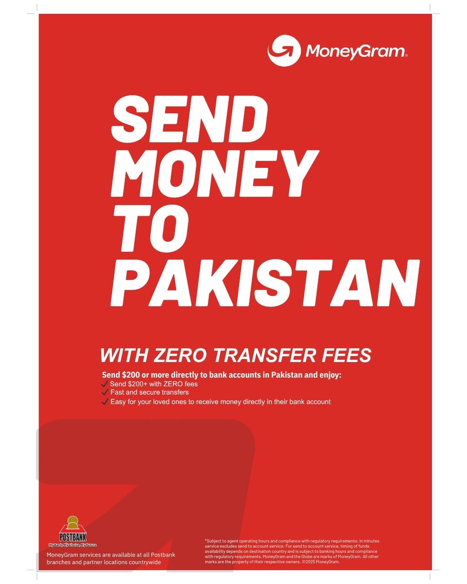 Got loved ones in Pakistan? Send $200 or more directly to their bank accounts &amp; enjoy ZERO transaction fees through MoneyGram at Postbank! Visit the nearest Postbank branch or partner location &amp; enjoy stress-free international transfers! Offer subject to terms &amp; conditions