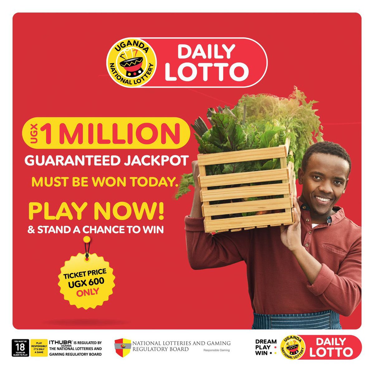 Omukisa guuguno, zannya DAILY LOTTO buli lunaku oyingire akalulu okuwangula GUARANTEED UGX 1 Million Jackpot.

Simply dial *278#, *252# (the lifestyle) OR you can visit our website bit.ly/3xoZfdM to PLAY NOW. 
Play responsibly.
#UgandaNationalLottery