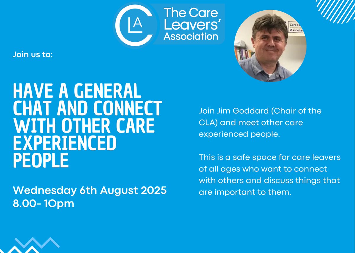 CareLeavers's tweet photo. Join @JimGoddard1 (Chair of the CLA) on Wednesday 6th August between 8-10pm where you can have a general chat and connect with other care experienced people of all ages.

Sign up here:

https://t.co/hZRpd7BGso https://t.co/tqpu1zpEEJ