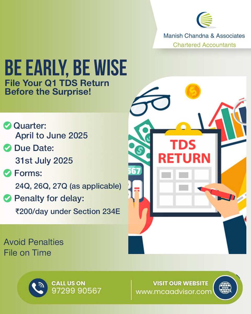 mcaadvisor108's tweet image. &quot;Be Early, Be Wise – File Your Q1 TDS Return Before the Surprise!&quot;

Don&apos;t miss the deadline!

✅ Quarter: April to June 2025
✅ Due Date: 31st July 2025
✅ Forms: 24Q, 26Q, 27Q (as applicable)
✅ Penalty for delay: ₹200/day under Section 234E

#tdsreturn