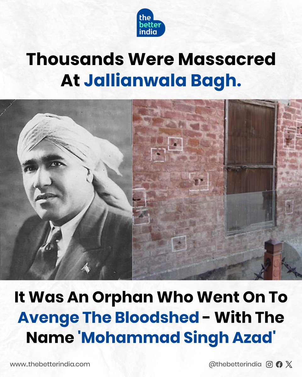 thebetterindia's tweet image. He was just a boy serving water at Jallianwala Bagh when bullets tore through the crowd. 

He survived. But something in him died that day — and in its place rose a storm.

Years later, in a quiet London hall, he finally struck.
The name he gave? Mohammad Singh Azad.

On his…