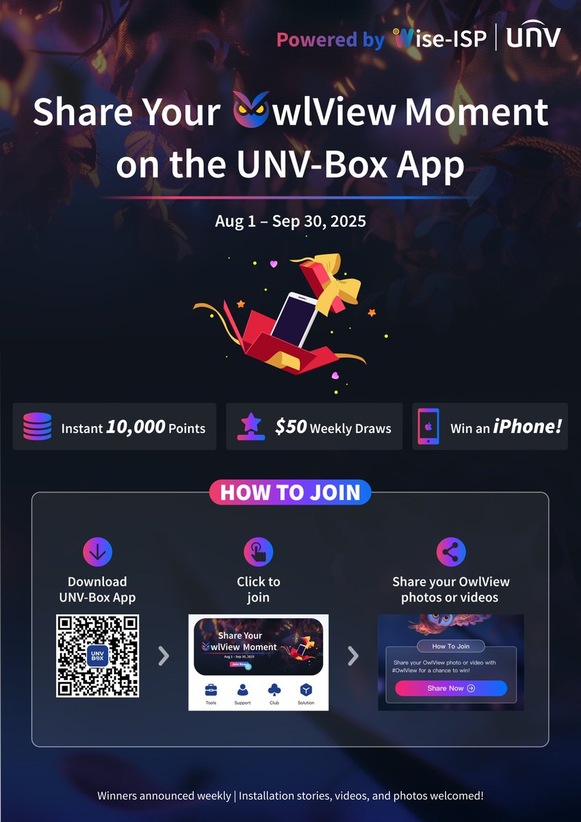 UniviewTech's tweet photo. Got an interesting install story? Don't be shy—share it with us! 
UNV-Box is hosting an exciting OwlView Moment activity from August 1 to September 30!
📍 Upload your photos or videos on the UNV-Box App
#OwlViewMoment #UNVBox https://t.co/YqZpCjh7Bz