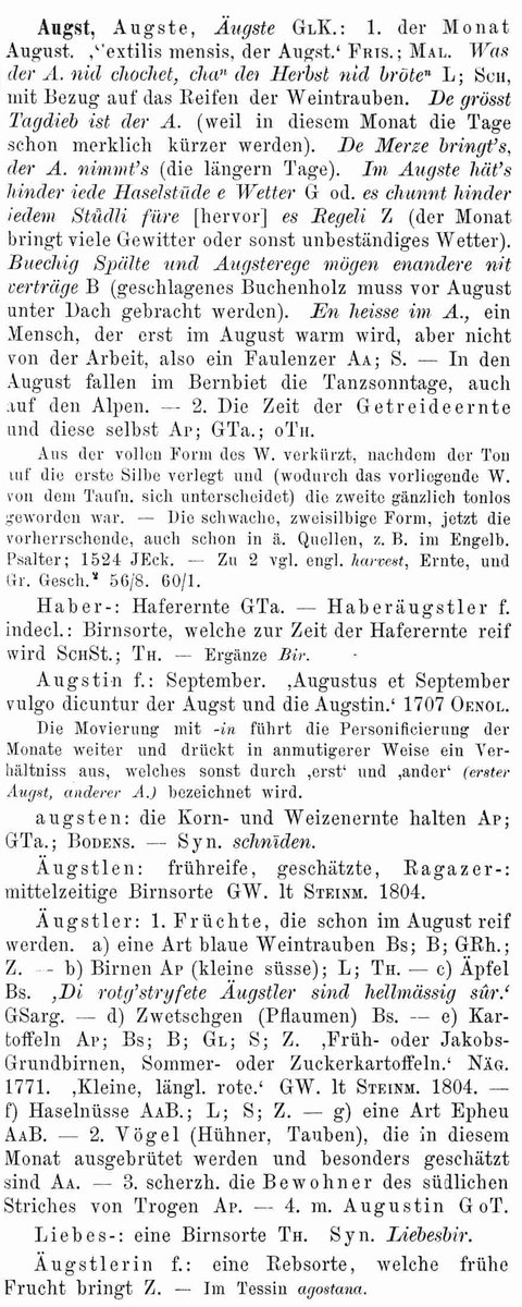 Der Idiotikonartikel «Augst(e)» stammt von 1881. Obwohl das Wörterbuch sich auch stark der Kulturgeschichte widmet, ist von einem Bundesfeiertag am 1. August nicht die Rede – der war 1881 noch schlicht kein Thema. Trotzdem: Das Idiotikon-Team wünscht allen einen schönen Feiertag!