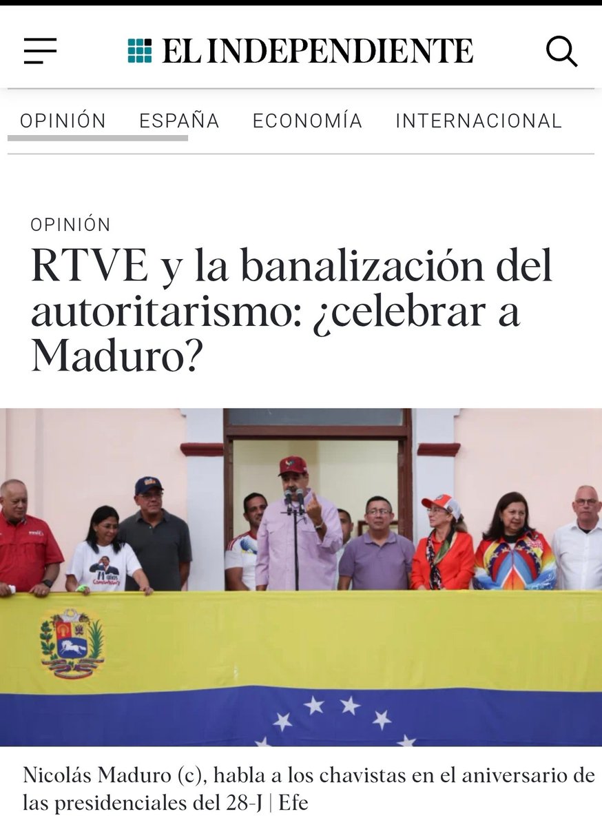 Grave que <a href="/rtve/">RTVE</a> califique como “triunfo” la permanencia de Maduro sin aportar contexto ni crítica. Es una forma de legitimar un régimen criminal con dinero público. #Venezuela 
#RTVE
#31Julio
            
elindependiente.com/opinion/2025/0…
                    instagram.com/reel/DMw5H-KKQ…