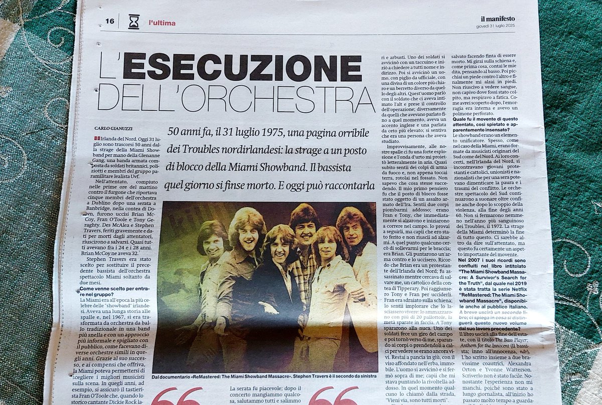 Carlo Gianuzzi 🇵🇸 (@bonhomme69) on Twitter photo Irlanda — Intervista a Stephen Travers, superstite della strage della <a href="/MiamiShowband/">Stephen Travers</a> (31 luglio 1975), di cui ricorre oggi il 50° anniversario. Il commosso ricordo degli amici assassinati Brian McCoy, Tony Geraghty, Fran O'Toole.
Su <a href="/ilmanifesto/">il manifesto</a> in edicola ilmanifesto.it/miami-showband… Irlanda — Intervista a Stephen Travers, superstite della strage della <a href="/MiamiShowband/">Stephen Travers</a> (31 luglio 1975), di cui ricorre oggi il 50° anniversario. Il commosso ricordo degli amici assassinati Brian McCoy, Tony Geraghty, Fran O'Toole.
Su <a href="/ilmanifesto/">il manifesto</a> in edicola ilmanifesto.it/miami-showband…