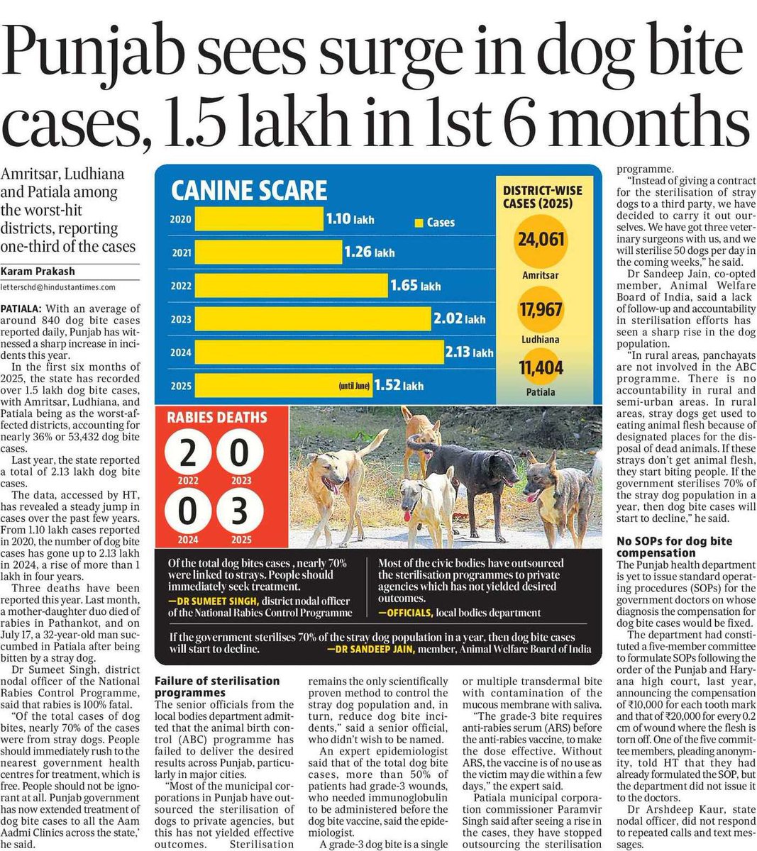 With an average of around 840 dog bite cases reported daily, Punjab has witnessed a sharp increase in incidents this year. In the first six months of 2025, the state has recorded over 1.5 lakh dog bite cases, with Amritsar, Ludhiana, and Patiala being as the worst-affected