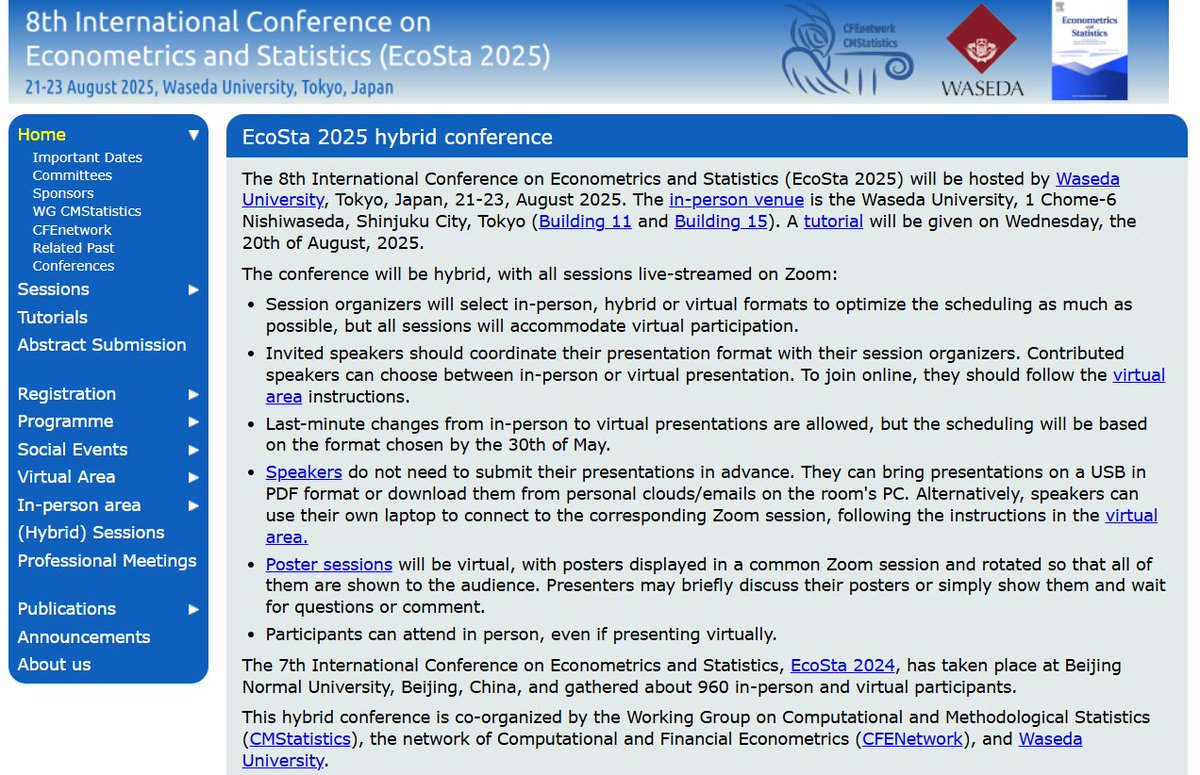 YoungStatS (@youngstats2) on Twitter photo 📢Econometrics and Statistics Journal and <a href="/CFECMStatistics/">CFE-CMStatistics</a> sponsor few online student registrations (without presentations) for EcoSta2025 conference, 21–23 Aug 2025: cmstatistics.org/EcoSta2025/
Send a copy of student ID to students(at)econometricsandstatistics(.)org by 6 Aug 2025. 📢Econometrics and Statistics Journal and <a href="/CFECMStatistics/">CFE-CMStatistics</a> sponsor few online student registrations (without presentations) for EcoSta2025 conference, 21–23 Aug 2025: cmstatistics.org/EcoSta2025/
Send a copy of student ID to students(at)econometricsandstatistics(.)org by 6 Aug 2025.