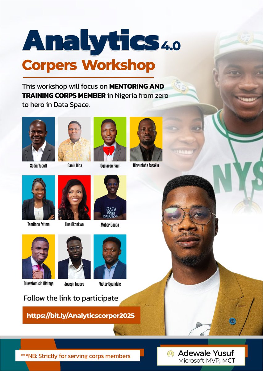 Analytics Corper Workshop 4.0

This year’s Analytics Corper Workshop is going to be amazing! We have a great team of trainers ready to teach and support our corps members — all for free!

Registration closes August 20th 
bit.ly/Analyticscorpe…

#CorpersInTech #AnalyticsCorper