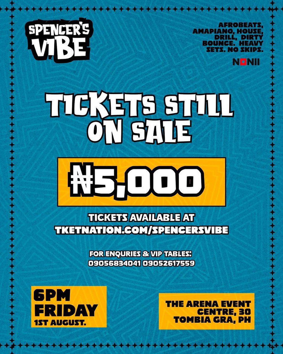 Starting the new Month with a bang!!

I’ll always prefer events where i can actually party rather than clubs where its just hype and stand around bottles.

Spencer’s Vibe is tomorrow!!

Venue: The Arena, GRA

Get tickets for 5k tketnation.com/spencersvibes

Let’s turn up and turn up!