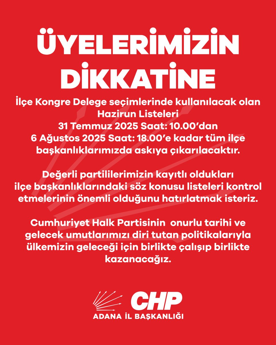 ÜYELERİMİZİN DİKKATİNE :

İlçe Kongre Delege seçimlerinde kullanılacak Hazirun Listeleri
31 Temmuz 2025 Saat 10.00 - 
6 Ağustos 2025 Saat 18.00 arasında ilçe başkanlıklarımızda askıda olacaktır.