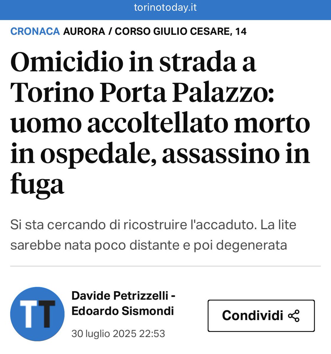 Le politiche accoglienti della sinistra hanno trasformato Torino in una giungla. 

Torino, un 30enne nigeriano è stato accoltellato a morte durante un litigio.

Nella medesima zona, un anno fa, un 16enne marocchino ha ucciso con una coltellata al cuore un connazionale di 26 anni.