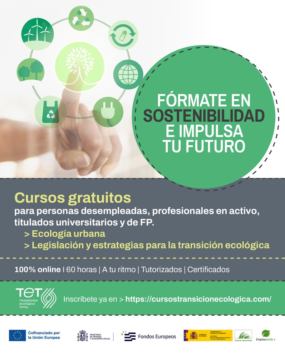 🙋‍♀️ ¿Quieres impulsar tu perfil profesional en sostenibilidad?

Ya puedes inscribirte en los cursos formativos del proyecto Transición Ecológica Total, en el que participa #CONSIDERA, cofinanciado por el #FSE+ a través de #Empleaverde+ de <a href="/FBiodiversidad/">Fundación Biodiversidad</a> del <a href="/mitecogob/">Transición Ecológica y Reto Demográfico</a>.