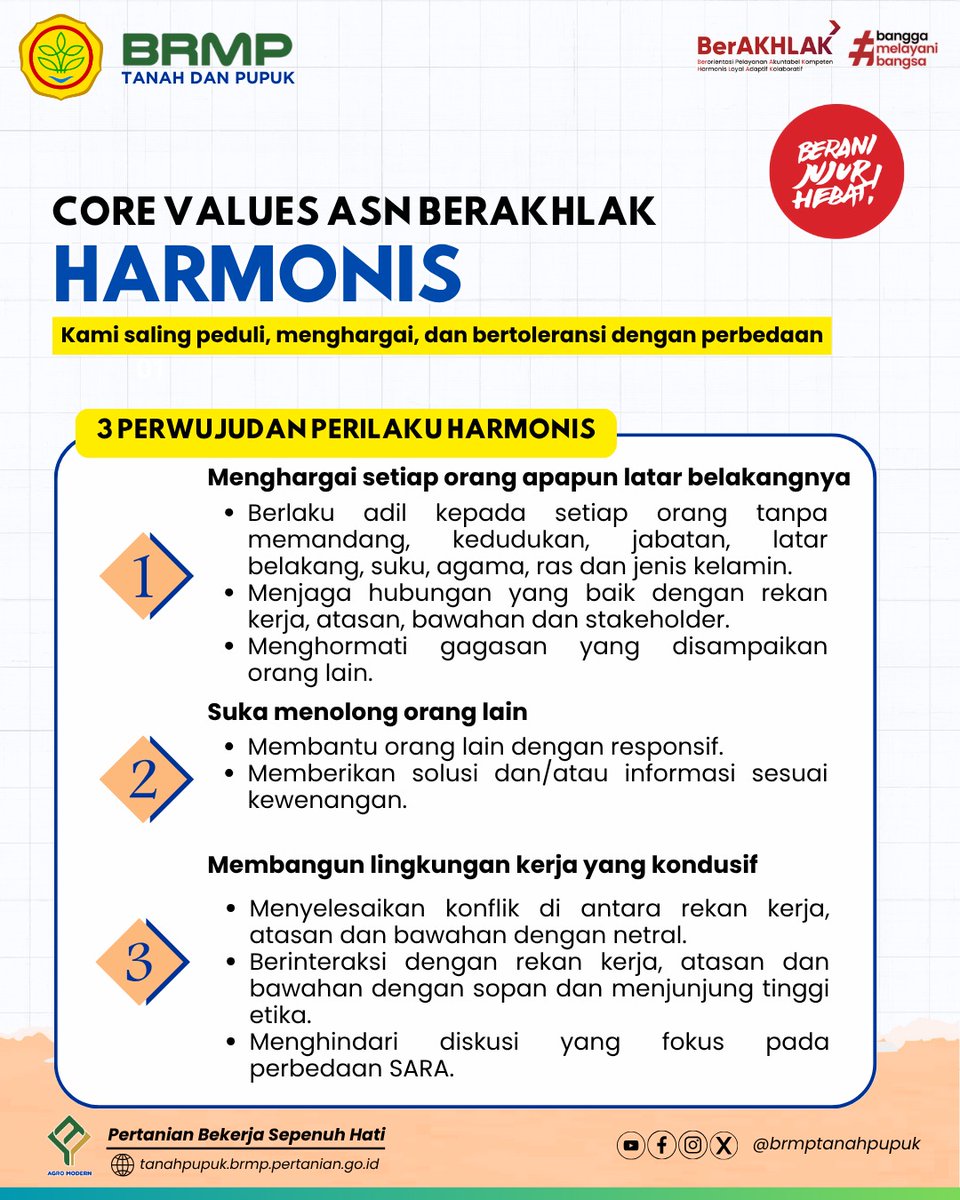 Kami hadir untuk melayani dengan hati.
Saling peduli, menghargai, dan bertoleransi dalam setiap interaksi adalah wujud nyata komitmen kami untuk melayani sepenuh hati.
#ASNBerAKHLAK #beranijujurhebat