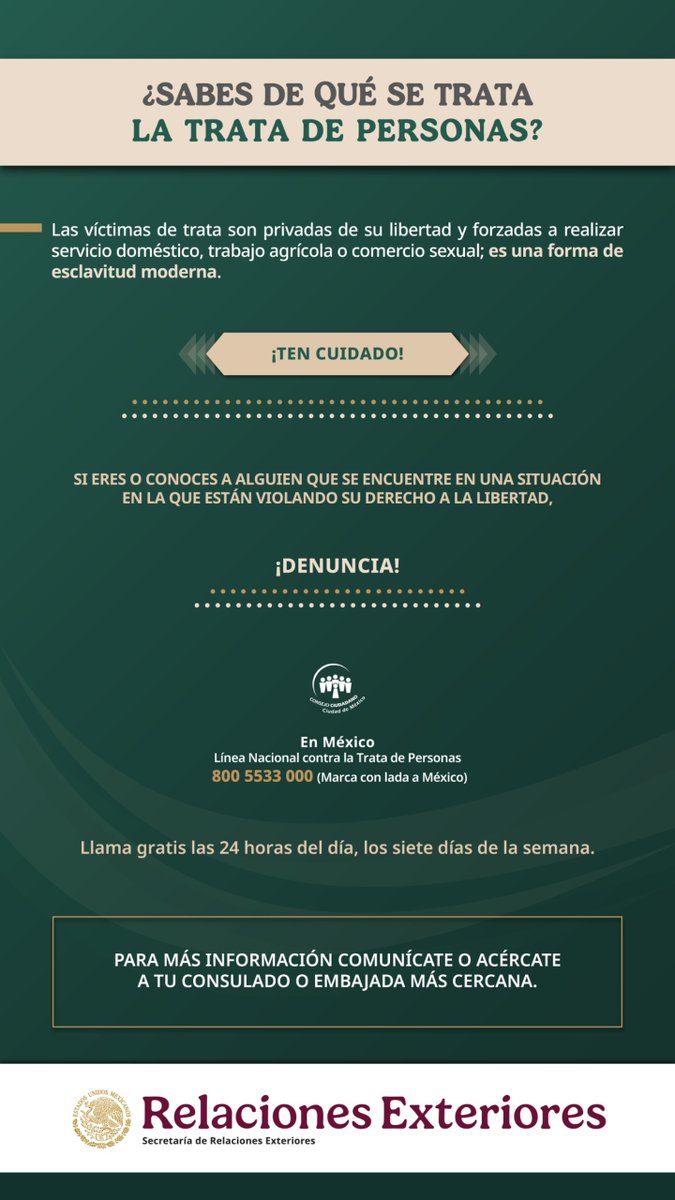 ¡Acabemos   con la trata de personas de personas! #NoalaTratadePersonas #ProtecciónConsular #AcércateaTuEmbajada   #ZonaSegura
  Si tienes una emergencia en Tailandia o Camboya puedes comunicarte al   teléfono para esos fines: 083 299 3390 marcación local/ +66 83 299 3390