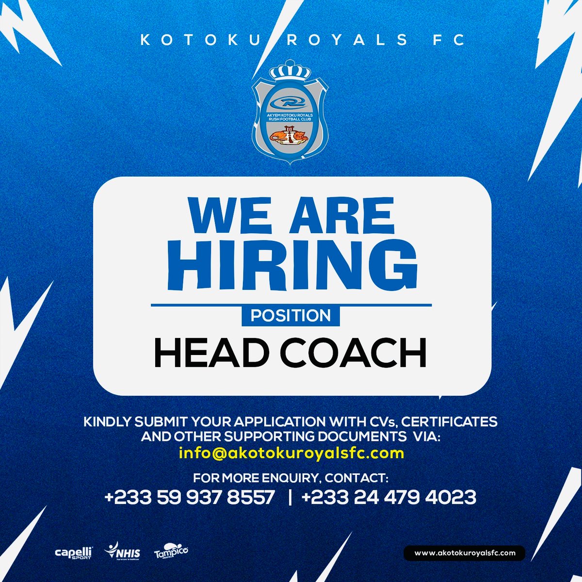 Akyem Kotoku Royals Rush FC (@akyemroyalsfc) on Twitter photo WE ARE HIRING!
Do you have what it takes?
π Submit your CVs, certificates, and supporting documents to:
π§ info@akotokuroyalsfc.com
π§ kotokuroyalsfc@gmail.com
#kotokuroyalsfc #akrfc #royals WE ARE HIRING!
Do you have what it takes?
π Submit your CVs, certificates, and supporting documents to:
π§ info@akotokuroyalsfc.com
π§ kotokuroyalsfc@gmail.com
#kotokuroyalsfc #akrfc #royals