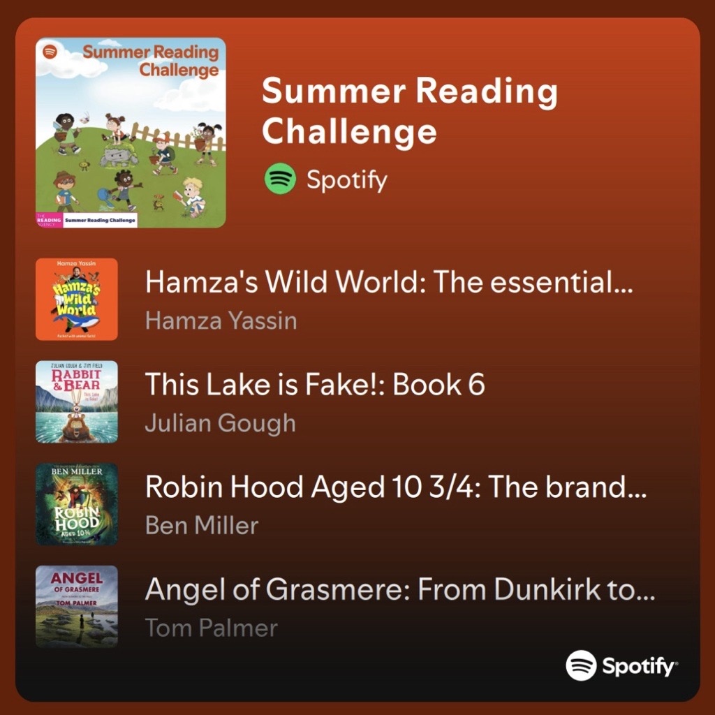 Audiobooks for all! 

 Spotify and generous publishers are helping make the #SummerReadingChallenge more accessible by offering free audiobooks this summer! 

Find out more: readingagency.org.uk/spotify-suppor…
 #StoryGarden #SpotifyAudiobooks