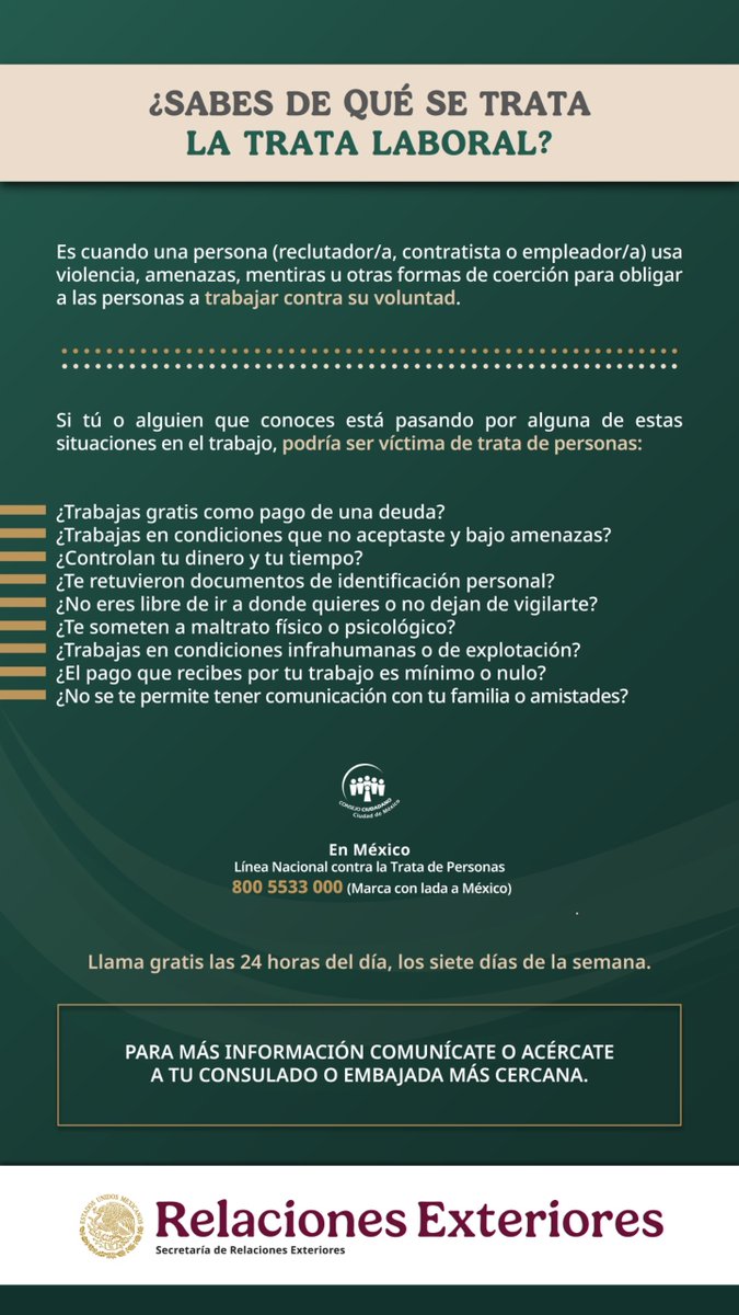 Toma tus precauciones ante propuestas de trabajo sospechosas en otros países
¡Acabemos con la trata de personas! #NoalaTratadePersonas #ProtecciónConsular #AcércateaTuEmbajada #ZonaSegura
Si tienes una emergencia en 🇹🇭 o 🇰🇭 puedes comunicarte al📞para esos fines: +66 83 299 3390