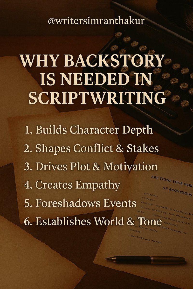 WriterSimran44's tweet image. Ever wondered why your character behaves a certain way? It’s all in the backstory.
Backstory isn’t just history — it&apos;s the fuel behind their actions, and the key to unlocking powerful plots.

#BackstoryMatters #ScriptwritingTips #ScreenwritersLife #CharacterDriven #StoryCraft