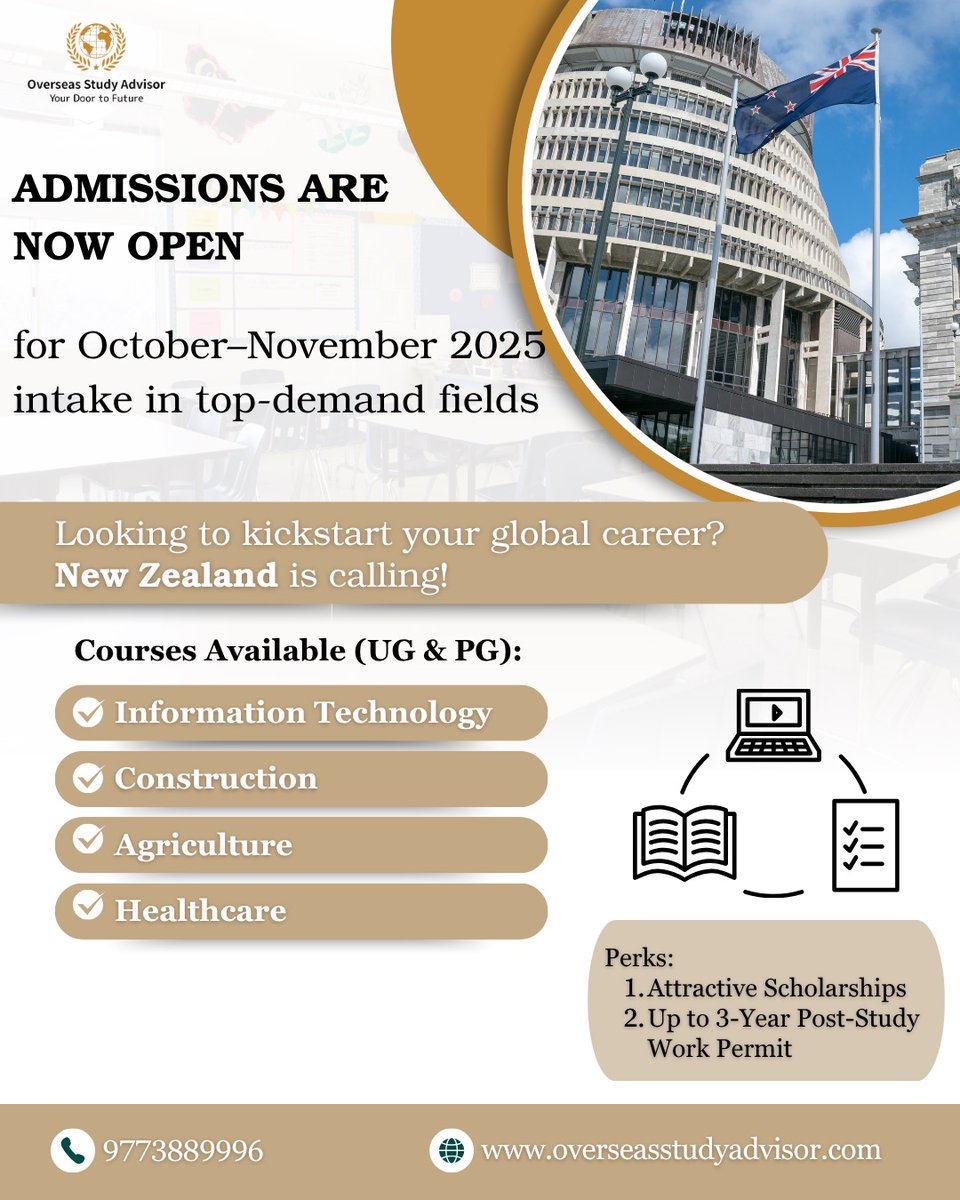 advisorOSA's tweet image. 🇳🇿Admissions open for #NewZealand Oct–Nov 2025
Intake — study in top fields like IT, Construction, Agriculture &amp;amp; Healthcare with exciting scholarships and up to 3 years post-study work permit! 💼

#StudyAbroad #NewZealandStudy #StudyInNZ #PostStudyWorkPermit #Scholarships