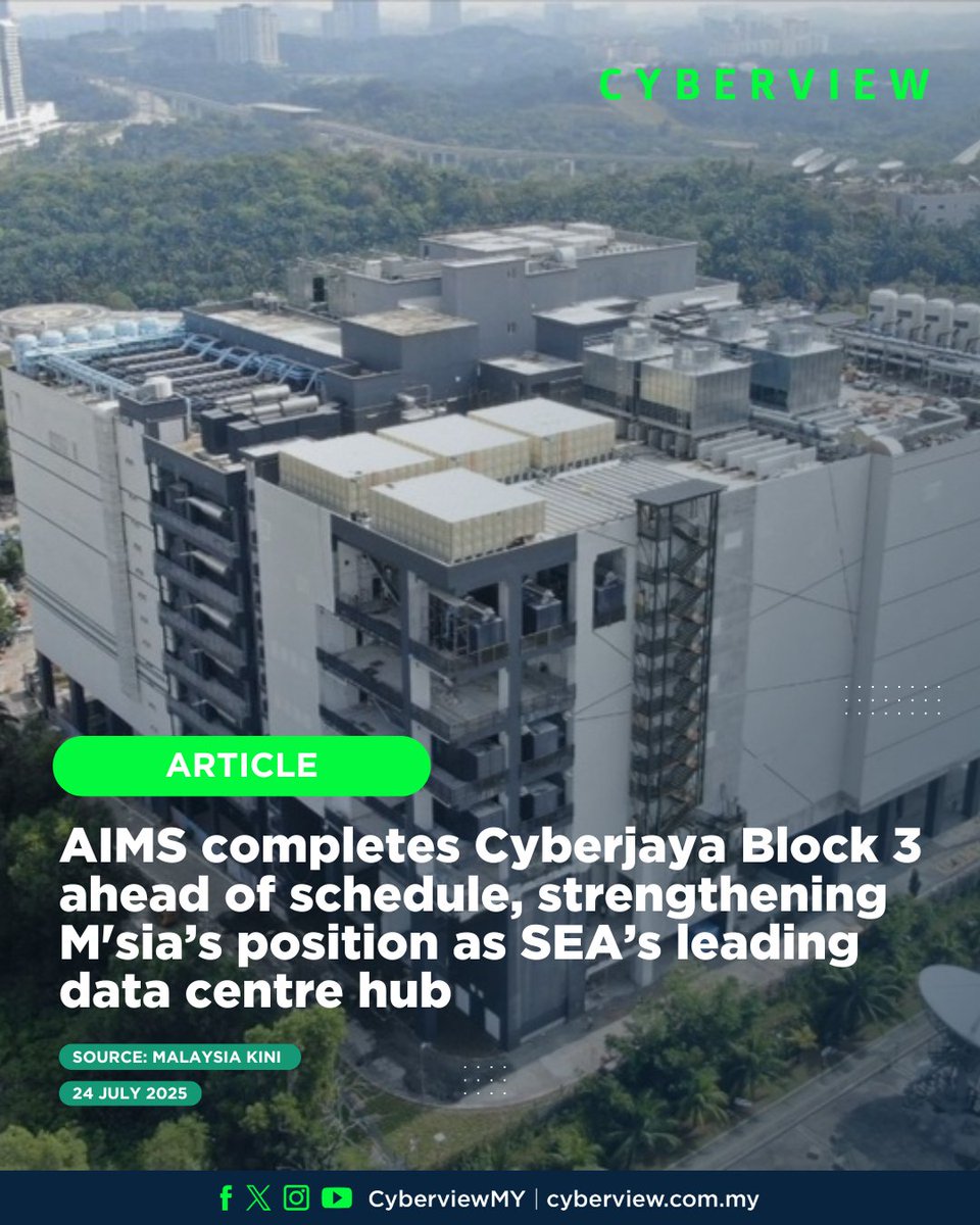 Cyberview (@cyberviewmy) on Twitter photo AIMS Data Centre has completed its Cyberjaya Block 3 data hub ahead of schedule, further strengthening Malaysia’s position as a leading data hub in Southeast Asia.
<a href="/Twt_Cyberjaya/">Cyberjaya Info</a> AIMS Data Centre has completed its Cyberjaya Block 3 data hub ahead of schedule, further strengthening Malaysia’s position as a leading data hub in Southeast Asia.
<a href="/Twt_Cyberjaya/">Cyberjaya Info</a>