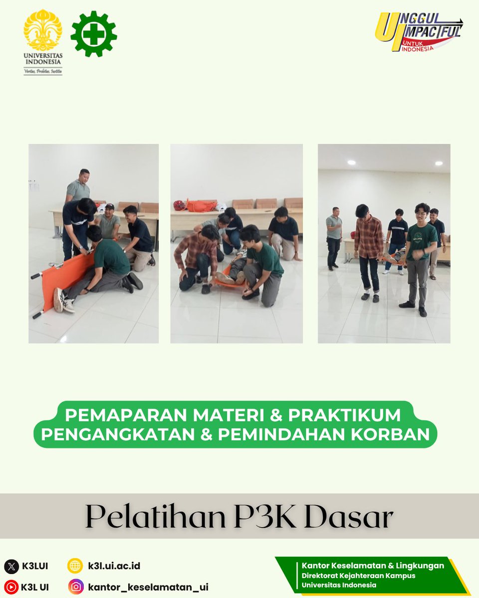 (26/7) Kantor Keselamatan &amp; Lingkungan memberikan Pelatihan P3K Dasar untuk Mahasiswa Panitia Masa Adaptasi Dunia Kampus (Batch 2) Fakultas Teknik Universitas Indonesia.
Semoga pengetahuan &amp; keterampilan yg diberikan dapat bermanfaat.#budayak3 #safetyfirst #p3k #bantuanhidupdasar
