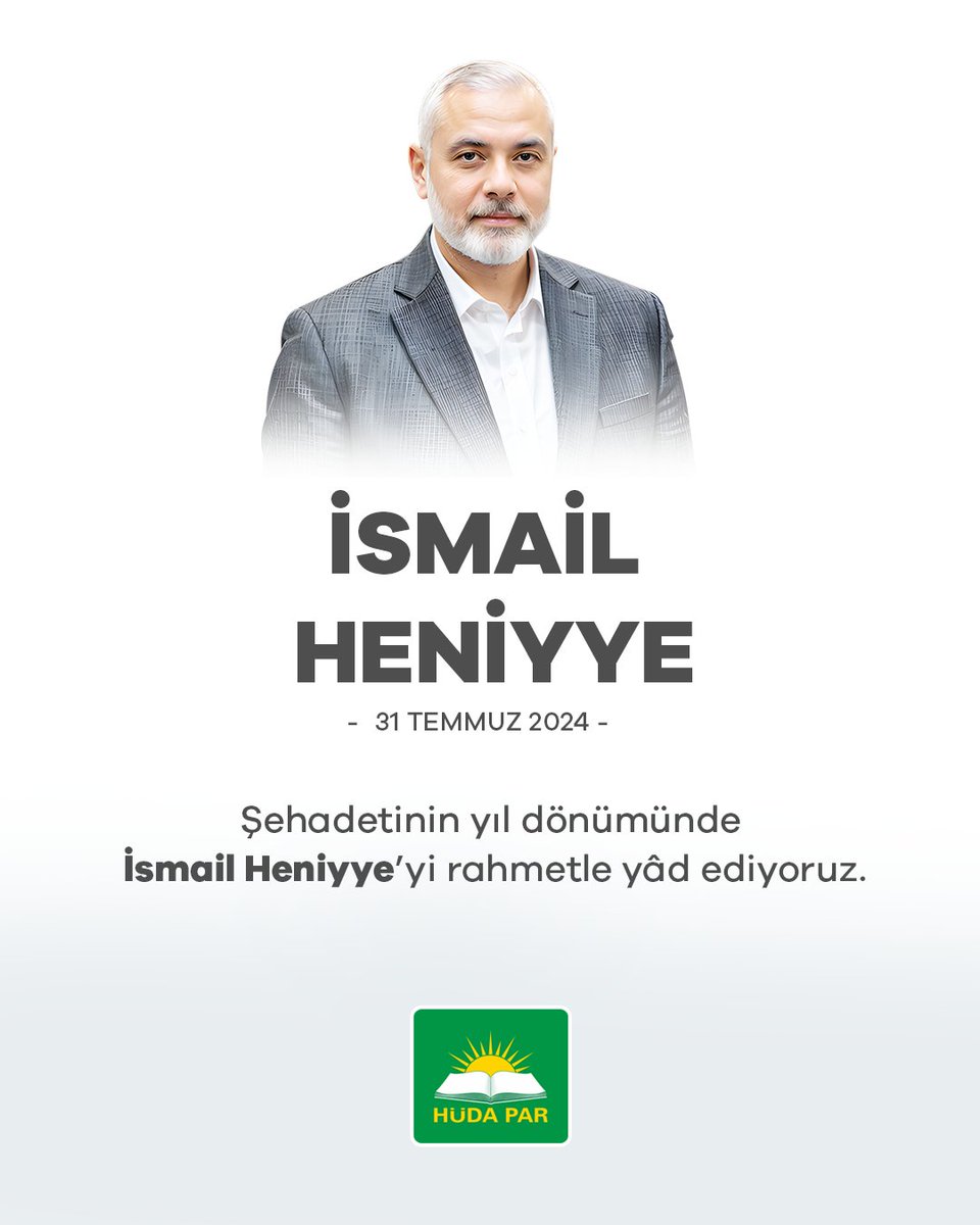Şehadetinin yıl dönümünde #İsmailHeniyye’yi rahmetle yâd ediyoruz.

Zulme karşı direnişin, işgale karşı izzetin adıydı İsmail Heniyye...

#Gazze'nin yıkık sokaklarında, halkının önünde dimdik durarak şehadetiyle ümmete onur bıraktı.
İşgalci siyonizme karşı izzetli duruşuyla
