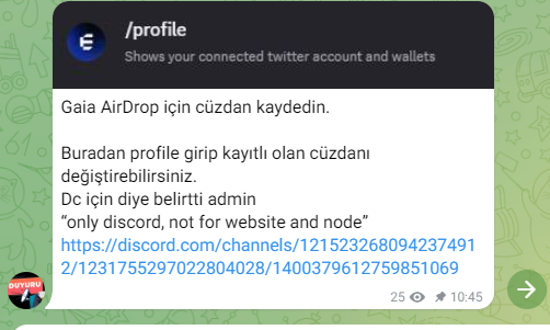 Gaia Discord rolleriniz var ise cüzdanınızı hemen 31 Temmuz 2025 11:00 - 1 Ağustos 2025 10:59 tarihleri arasında kaydedin.

Zaman kısıtlı : 
discord.com/channels/12152…

1⃣ bot-checks kanalına gidin

2⃣ /profile komutu ile cüzdan adresinizi kaydedin

<a href="/Gaianet_AI/">Gaia 🌱</a>