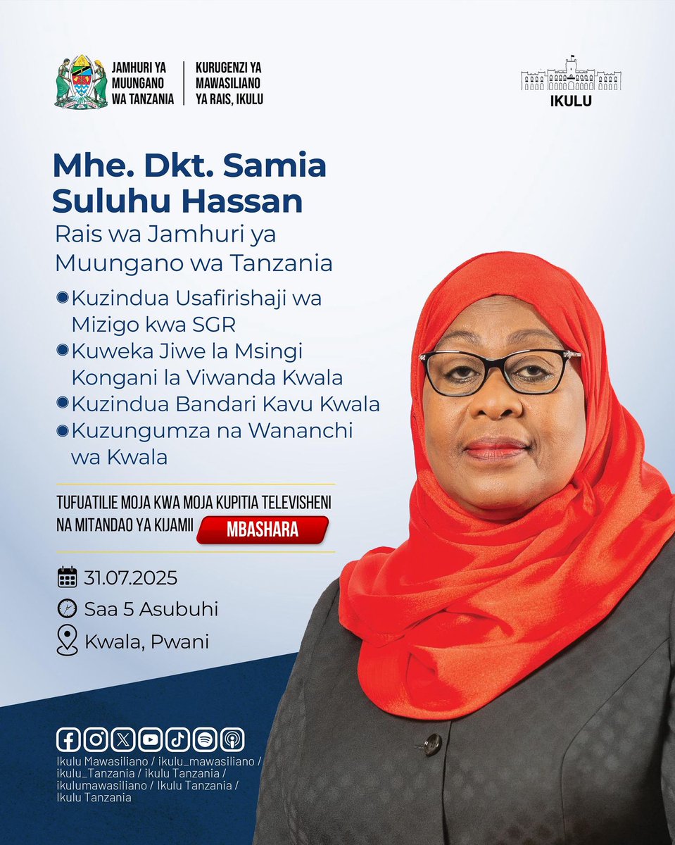 Fuatilia matangazo ya moja kwa moja kupitia Akaunti zetu za Instagram: ikulu_mawasiliano, Facebook: Ikulu Tanzania Facebook fanpage: Ikulu Mawasiliano, Twitter: ikulu_Tanzania Youtube Channel: Ikulu Tanzania na Tovuti: ikulu.go.tz