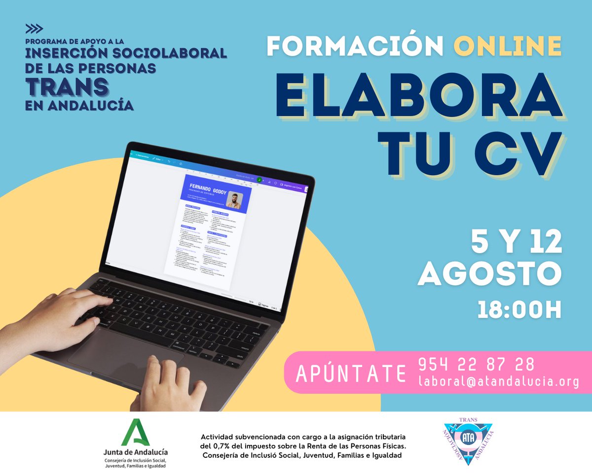 ATA-Sylvia Rivera 🏳️⚧️ #HayLeyTrans (@ata_trans) on Twitter photo 🔊¡Próximos martes!
🏳️⚧️ Formación laboral - Elabora tu currículum vitae
📅 5 y 12 de agosto
💻 Online: solicita el enlace en laboral@atandalucia.org
🕧 18 horas
🏳️⚧️🧾 Formación diseñada para ayudarte a crear o actualizar tu CV, te acompañaremos paso a paso en el proceso.
👇🧵 🔊¡Próximos martes!
🏳️⚧️ Formación laboral - Elabora tu currículum vitae
📅 5 y 12 de agosto
💻 Online: solicita el enlace en laboral@atandalucia.org
🕧 18 horas
🏳️⚧️🧾 Formación diseñada para ayudarte a crear o actualizar tu CV, te acompañaremos paso a paso en el proceso.
👇🧵