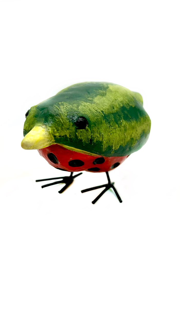 ZenCatPottery's tweet photo. I pulled these out of the kiln today and glued the metal legs in.  I’m particularly happy with the watermelon bird and the strawberry bird.. 😊
#Ceramicbirds #Watermelonbird #strawberrybird #Lemonbird #fruitbird https://t.co/kgPv1fyXC4