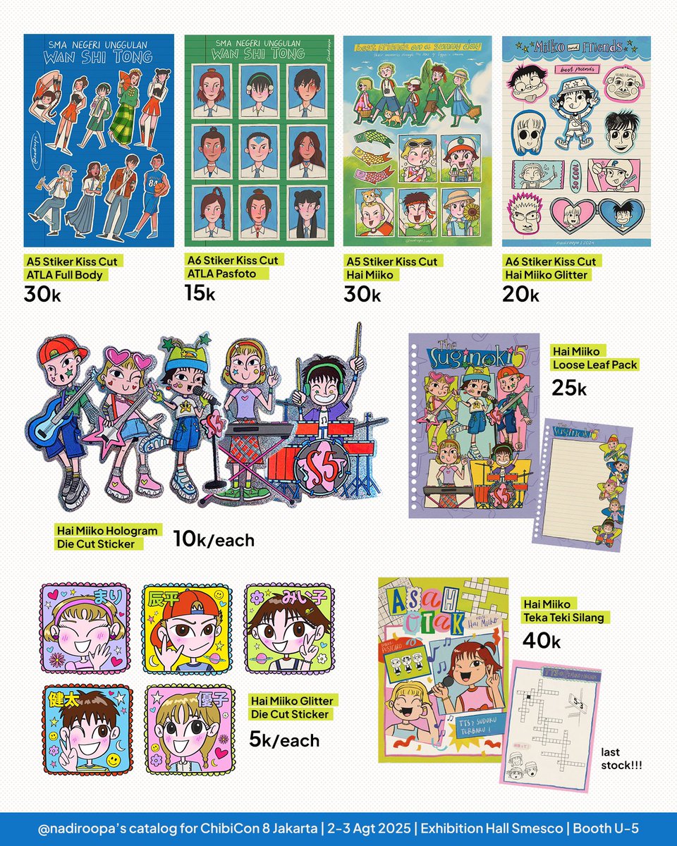 [likes and repost are appreciated🫶🏼]

🌺🩵<a href="/nadiroopa/">nadira🍉 | ChibiCon JKT U-5</a>’s catalog for ChibiCon 8 Jakarta🩷☀️
📆2-3 Agt 2025
📍Smesco Jakarta
🛍️Booth U-5
🌟Hai Miiko, ATLA, KPOP Demon Hunters (Huntrix), transportasi umum, original design

#chibicon8 #chibiconcatalogue